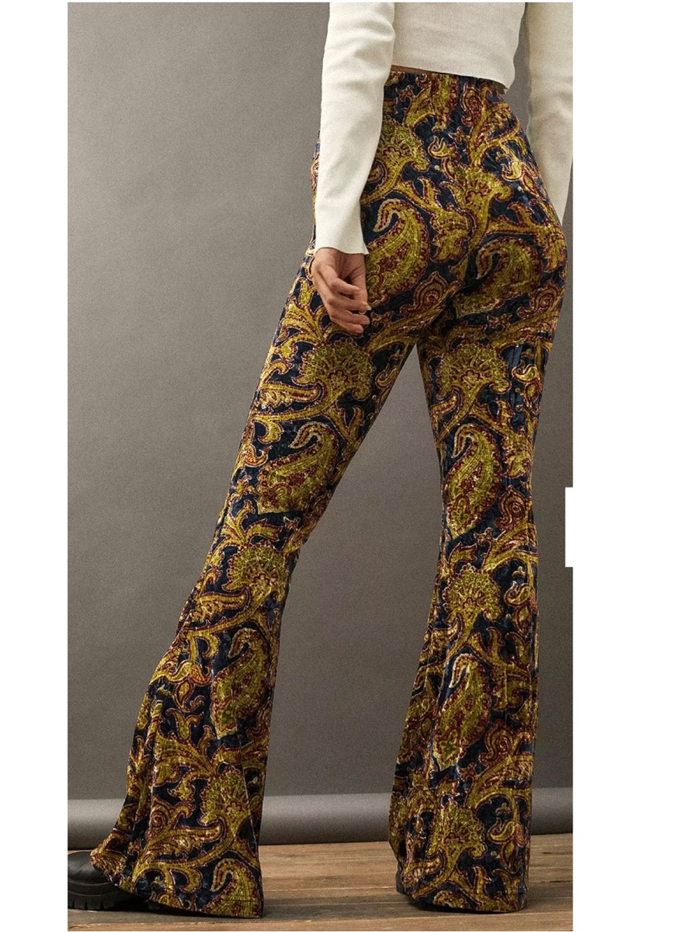 Urban Outfitters Olive Navy Blue Paisley Velvet Flare Pants Whimsigoth Medium